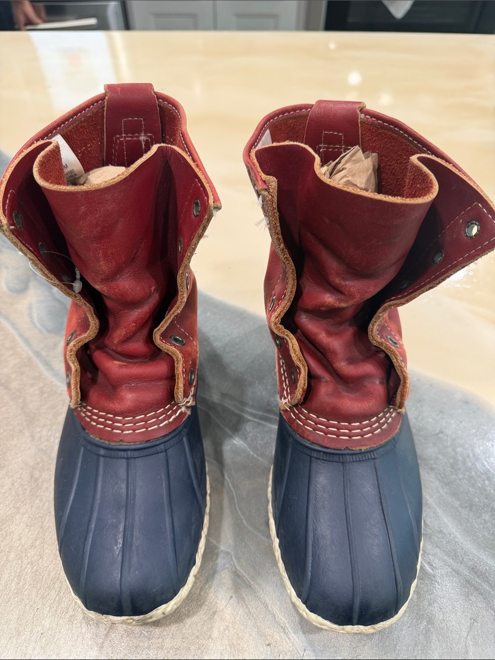 Bean Boots Red Leather & Navy Duck Boots